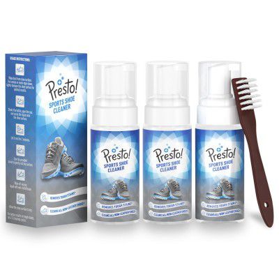 Amazon Brand - Presto! Sports Shoe Cleaner with Brush, Removes Tough Stains, No Water Required, Ready to Use (Pack of 3)