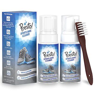 Amazon Brand - Presto! Sports Shoe Cleaner with Brush, Removes Tough Stains, No Water Required, Ready to Use (Pack of 2)