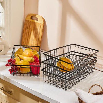 Amazon Brand – Solimo 16" Metal Farmhouse & Pantry Food Storage Basket Bin | Holds Vegetables & Fruits (Pack of 4 | Black)