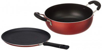 Amazon Brand - Solimo 2-Piece Aluminium Cookware Set - Tawa & Kadhai With 2-Way Non-Stick Coating (Induction And Gas Compatible) - Black