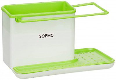 Amazon Brand - Solimo 3-in-1 Plastic Kitchen Sink Organiser for Soap, Sponge and Cleaning Brush, White