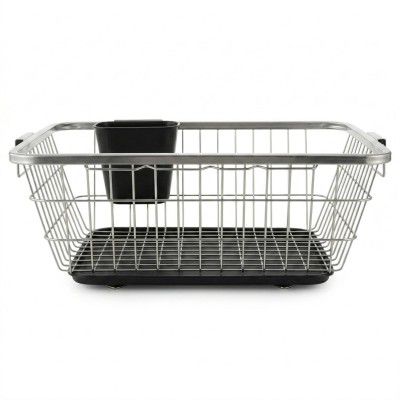 Amazon Brand - Solimo 3-in-1 | Large Stainless Steel Dish Rack with Plastic Drainer | Cutlery Holder & Handle | Utensil Basket & Kitchen Dish Drying Rack Organizer (Steel - Black)