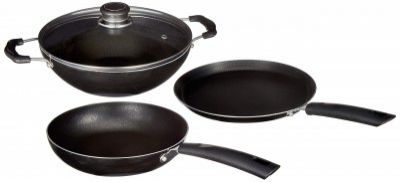Amazon Brand - Solimo 3 Pcs Non Stick Cookware Set - Aluminium, Black