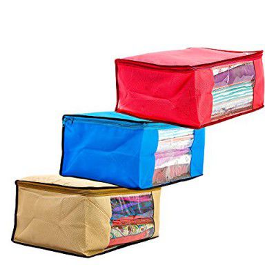 Amazon Brand - Solimo 3 Piece Non Woven Fabric Saree Cover Set with Transparent Window, Extra Large, Pink, Blue and Beige