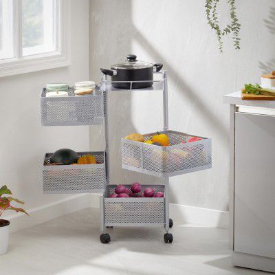 Amazon Brand - Solimo 360° Revolving 4 Layer Multipurpose Kitchen Trolley Rack with Wheels