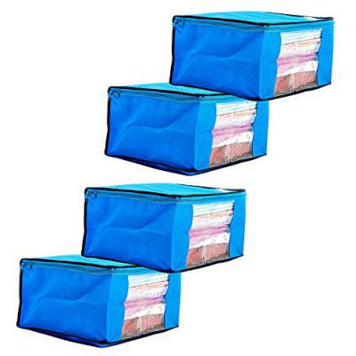 Amazon Brand - Solimo 4 Piece Non Woven Fabric Saree Cover Set with Transparent Window, Extra Large, Blue