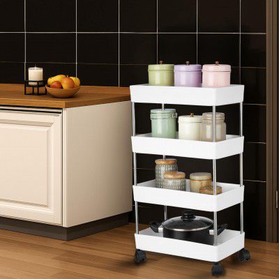 Amazon Brand - Solimo 4-Tier Stainless Steel Kitchen Trolley Rack with Wheels 