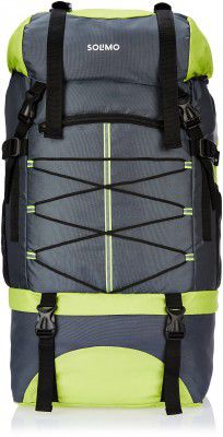 Amazon Brand - Solimo 52L Travel/Trekking Rucksack with Top Flap, Accessory Pockets, Bottle holder and Waist Belt (Grey and Green)