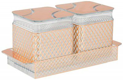Amazon Brand - Solimo Air-Tight Dry Fruit Container Tray Set With Lid & Serving Tray, Airtight Plastic Storage Container Set 500 ml | Set of 2, Rose Gold
