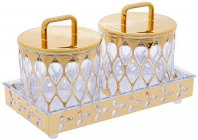 Amazon Brand - Solimo Airtight Dry Fruit Container Set With Tray | Plastic Dry Food Storage | 500ml, Set of 2 (Golden)