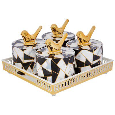 Amazon Brand - Solimo Airtight Dry Fruit Container Set With Serving Tray & Lid I Serving Set 500 ML, Set of 4, White & Black