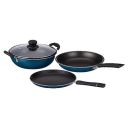 Amazon Brand - Solimo Aluminium – 3 Pcs Non Stick Cookware Sets, Tawa 25 Cm, Kadhai 24 Cm with Glass Lid, Fry Pan 24 Cm (Peacock Green)...