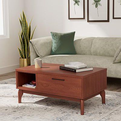 Amazon Brand - Solimo Aster Engineered Wood Coffee Table (1 Drawer & 1 Shelf, Walnut Finish) | Rectangular Coffee Table| Wooden Table | Centre Table for Living Room | Centre Table