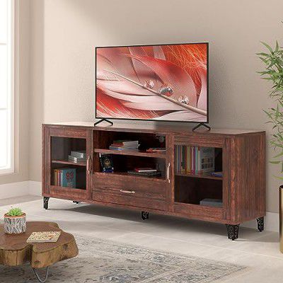 Amazon Brand - Solimo Aster Engineered Wood TV Unit (2 Doors, 6 Shelves & 1 Drawer, Cherry Finish) |TV Cabinet | TV Stand | TV Unit for Living Room