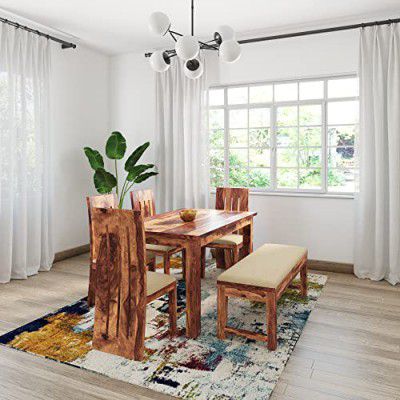 Amazon Brand - Solimo Belmead Six Seater Dining Set with 4 Cushioned Chairs and 1 Cushioned Bench (Solid Sheesham Wood, Natural Finish)