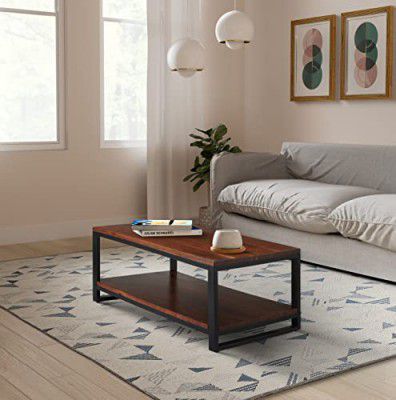 Amazon Brand - Solimo Biaton Coffee Table with Bottom Shelf (Solid Mango Wood and Iron, Natural Finish)