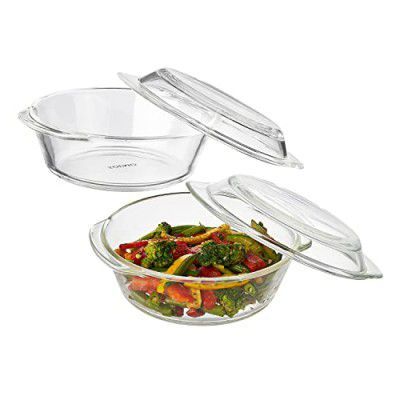 Amazon Brand - Solimo Borosilicate Glass Casserole-cum-Serving Bowl (Deep Round, Set of 2, 650 Ml Each)
