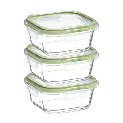 Amazon Brand - Solimo Borosilicate Glass Container with Lids for Kitchen/Tiffin (830ml Each) | Airtight & Leak-Proof | Freezer, Microwave & Dishwasher Safe (Square Shaped) (Set of 3) (Transparent)