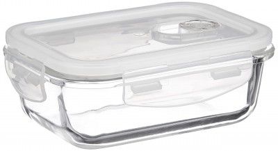 Amazon Brand - Solimo Borosilicate Glass Container With Air-Vent Lid For Kitchen/Tiffin, Rectangle (370 Ml) - Transparent