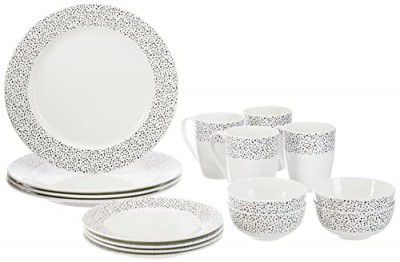 Amazon Brand - Solimo Ceramic 16 Piece Polka Dot Dinner Set | 4 Dinner Plates, 4 Quarter Plates, 4 Mugs & 4 Small Bowls | Black Dotted Design
