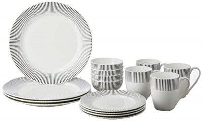 Amazon Brand - Solimo Ceramic 16 Piece Printed Dinner Set | 4 Dinner Plates, 4 Quarter Plates, 4 Mugs & 4 Small Bowls | Black Lines