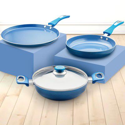 Amazon Brand - Solimo Ceramic Non-Stick Induction Base Cookware | Set of 4 | 24cm Fry Pan, 24 cm Kadai, 28cm Tawa, with 1 Common Lid | Blue