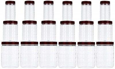 Amazon Brand - Solimo Checkered Jar Container Set of 18, 1000 ml, 500 ml, 250 ml, Transparent, Plastic, brown