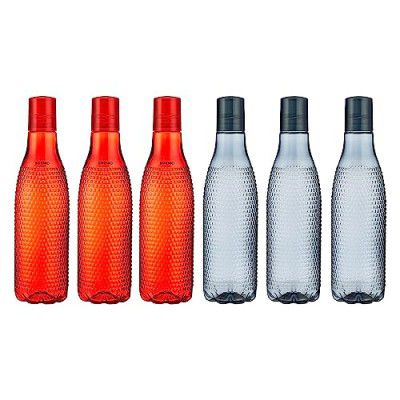 Amazon Brand - Solimo Checkered Plastic Water Bottles, Spill-Proof, 3.2 Cm Neck, Firm Grip (Set of 6, 3 Smoke and 3 Red) 1000 ml