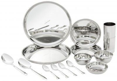 Amazon Brand - Solimo Dinner Set | Stainless Steel | Mirror Finish | Set of 12- Solid