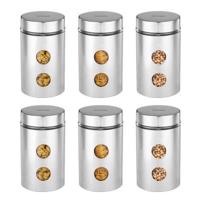 Amazon Brand - Solimo Drip Window Steel Jacketed Glass Jar | 1200 ml | Set of 6 | Silver