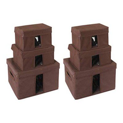 Amazon Brand - Solimo Fabric Rectangular Storage Box, Set of 6, Brown