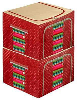 Amazon Brand - Solimo Foldable Printed Underbed Storage Box with Metal Frame Support, 44L, Maroon, Set of 2