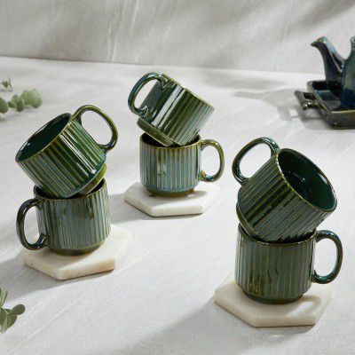 Amazon Brand - Solimo Glam Green Fringe Ceramic Tea Cups 