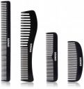 Amazon Brand - Solimo Handmade Black Set of 4 Combs: 1 Extra-Thin Barber, 1 Wavy All-Purpose, 1 Wide All-Purpose,1 U-Shaped Comb...