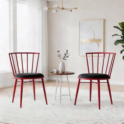 Amazon Brand- Solimo Iron Chair with Cushioned Seat | Set of 2 | Red