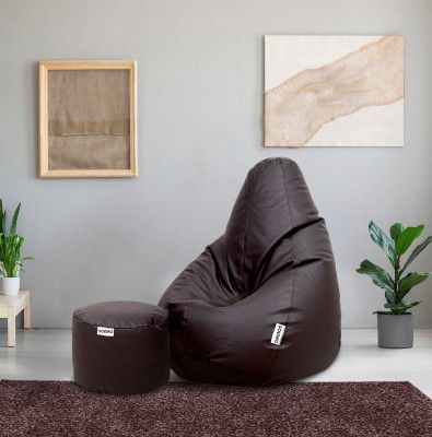 Amazon Brand - Solimo Leatherette 3XL Bean Bag with Footrest, Ready to Use, Filled with Beans (Brown)