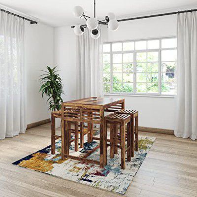 Amazon Brand - Solimo Lerwick Modern 4 Seater Bar Table Set with 4 Stools (Solid Sheesham Wood, Natural Finish)