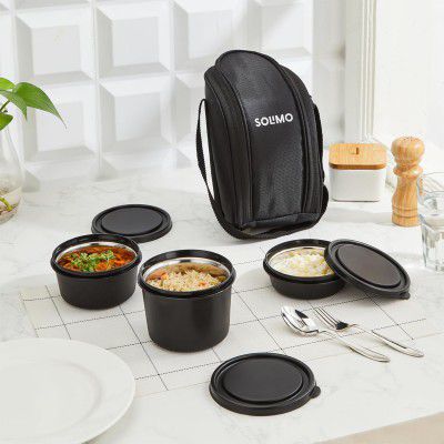 Amazon Brand - Solimo Lunch Box Set with Bag | 3 Steel Inner Containers (250 ml, 400 ml, and 550 ml) with Cutlery | Microwave Safe | Leakproof - Black