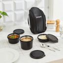 Amazon Brand - Solimo Lunch Box Set with Bag | 3 Steel Inner Containers (250 ml, 400 ml, and 550 ml) with Cutlery | Microwave Safe | Leakproof - Black...
