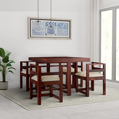 Amazon Brand - Solimo Melka Modern 4 Seater Dining Table with 4 Cushioned Chairs (Solid Sheesham Wood, Honey Finish)