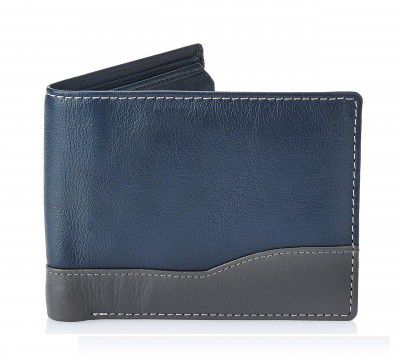 Amazon Brand - Solimo Mens Genuine Leather Wallet, RFID Blocking, Blue & Grey