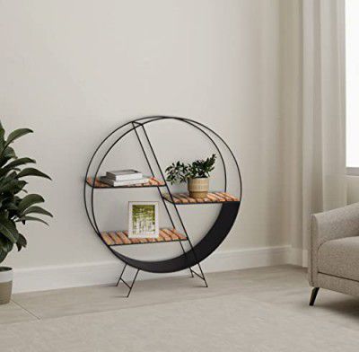 Amazon Brand - Solimo Mevold Iron and Acacia Wood Round-Shaped Bookshelf, Natural Finish
