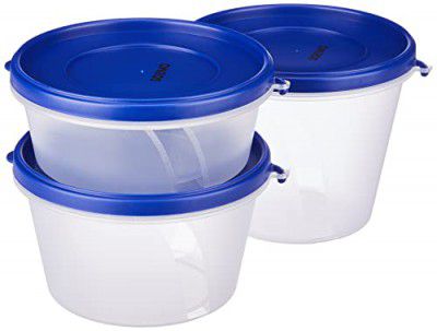 Amazon Brand - Solimo Nestable & Stackable Polypropylene Container Set, Round, Set of 3, Blue