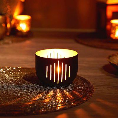 Amazon Brand - Solimo Ornamental Iron Tea Light (Matt Black with Gold)