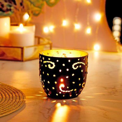 Amazon Brand - Solimo Ornamental Iron Tea Light | Stylish | for Indoors & Outdoors Décor (Matt Black with Gold)