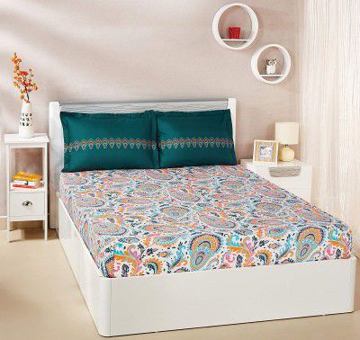Amazon Brand - Solimo Paisley Preen 144 TC 100% Cotton Double Bedsheet with 2 Pillow Covers Green and Orange