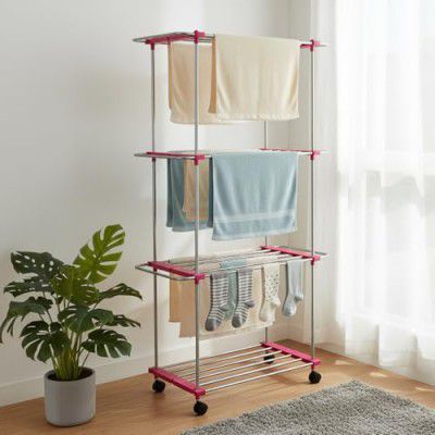 Amazon Brand - Solimo Plastic 3 Layer Cloth Drying Stand with Shoe Drying Section | Dimensions: 110 * 46 * 179 Cm (White and Pink)
