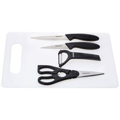 Amazon Brand - Solimo Plastic Knives Scissor Peeler and Chopping Board (Set of 5)