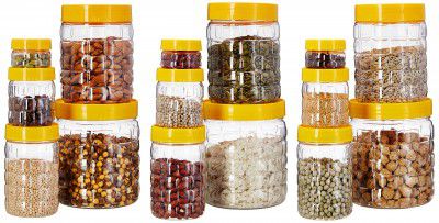 Amazon Brand - Solimo Plastic Storage Container Set with Wide Mouth (15 pieces, Checkered Pattern, Large size)