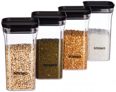 Amazon Brand - Solimo Plastic Storage Jar and Container Set I Air Tight & BPA Free Containers for Kitchen Storage Set I 1100 Ml Each, Set 4, Black